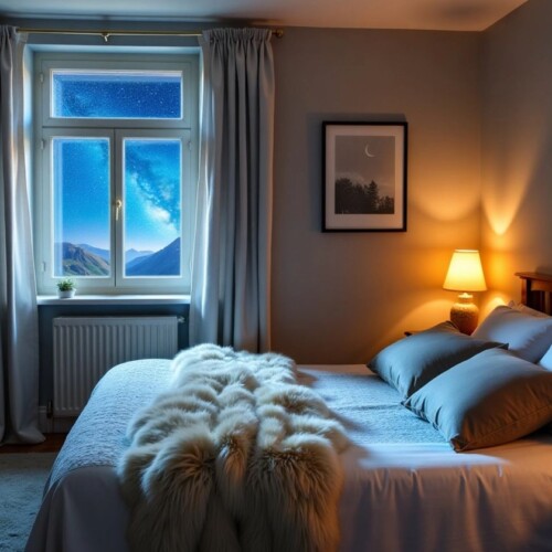 Yıldızlı gece manzaralı rahat yatak odası