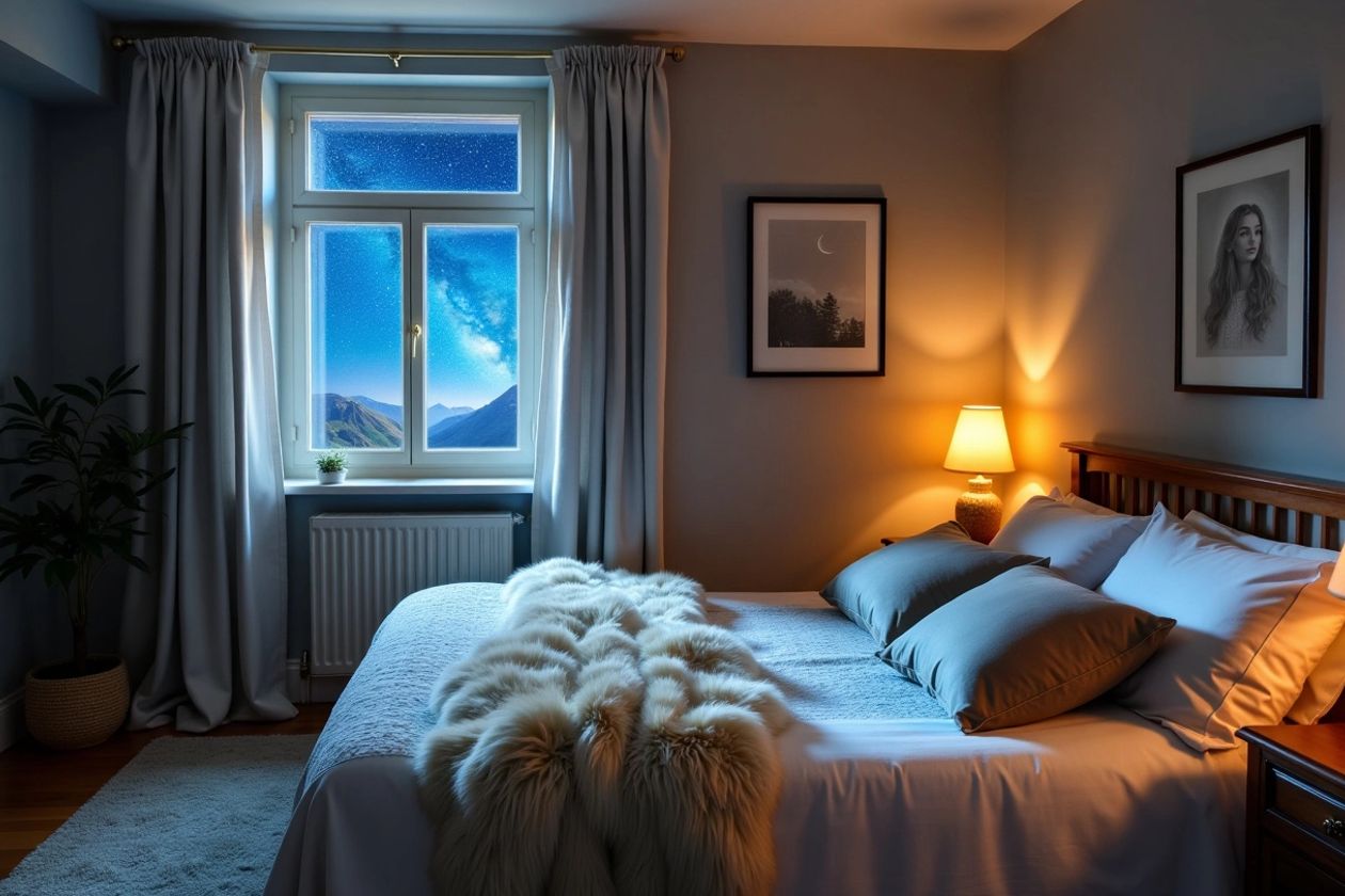 Rahatlatıcı Uyku Meditasyonu: Derin Bir Geceye Hazırlık Yıldızlı gece manzaralı rahat yatak odası