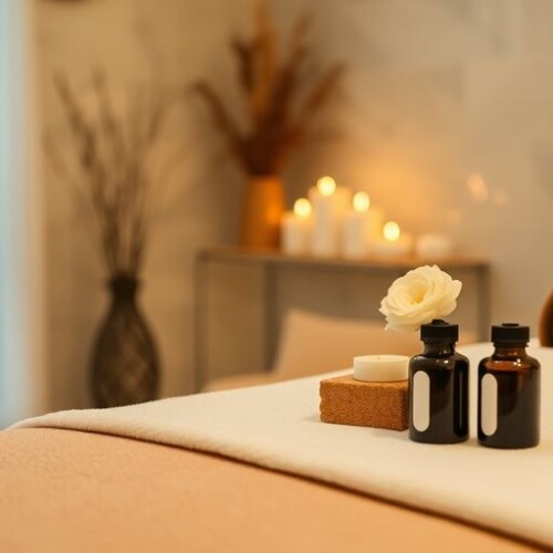 Masaj masası ve aromatik yağlar içeren bir görüntü.