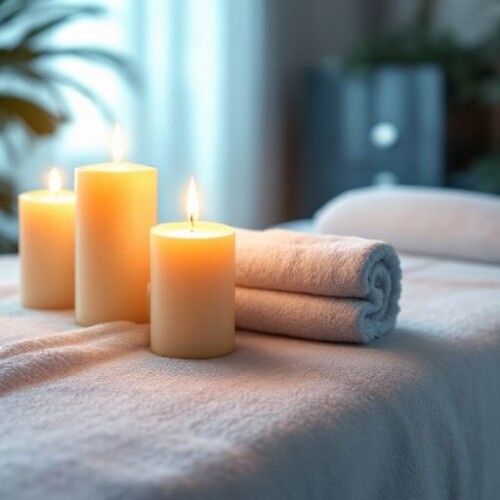 Masaj masası, yumuşak havlular ve mumlar.