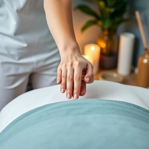 Masaj terapistinin bileğini esnettiği bir görüntü.