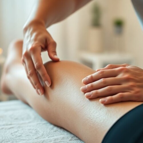 Diz ağrısı için masaj uygulaması yapan terapist.