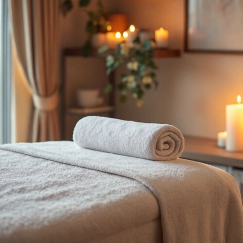 Masaj sonrası rahatlama alanı, masaj masası ve mumlar.