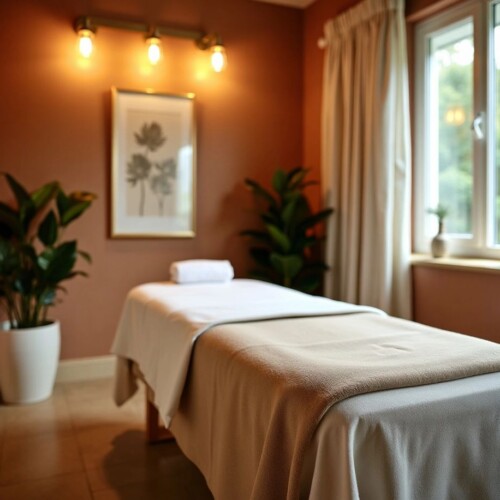 Masaj terapisi ve teknoloji birleşimi, huzurlu bir ortam.