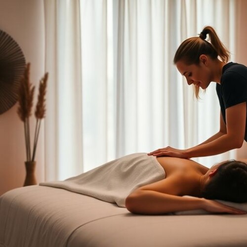 Masaj masasında iletişim kuran terapist ve müşteri.