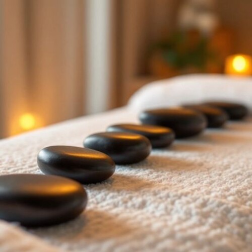 Sıcak taş masajı için hazırlanan bir masa.