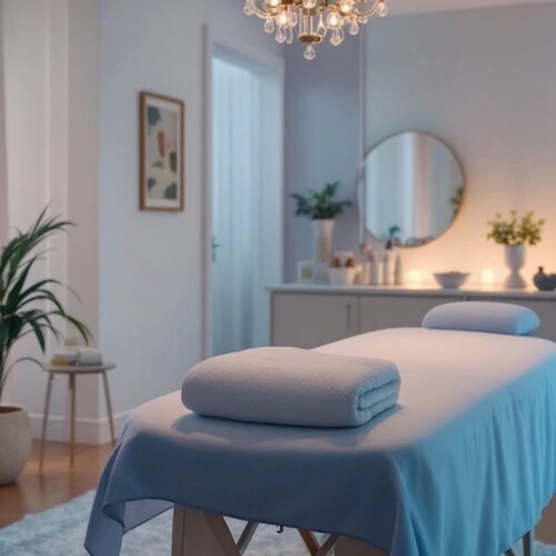 Rahatlatıcı masaj terapisi ortamı, huzurlu aydınlatma.