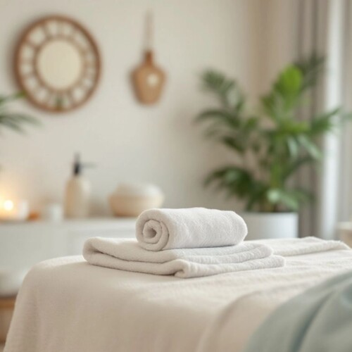 Masaj masası, yumuşak ışıklar ve huzurlu dekor.