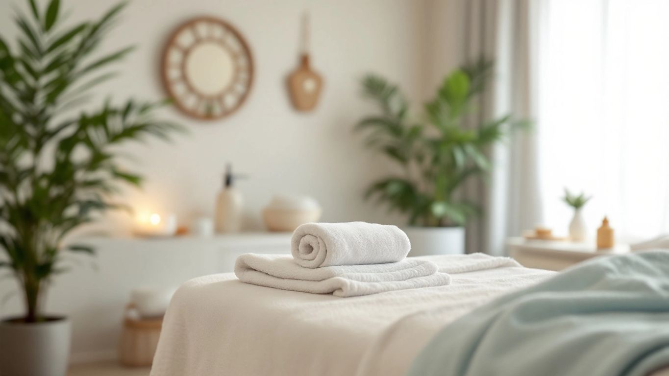 Masaj masası, yumuşak ışıklar ve huzurlu dekor.