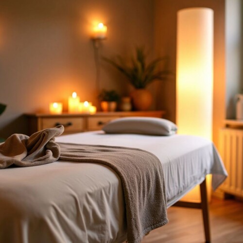 Masaj odası, rahatlatıcı atmosfer, masaj masası.
