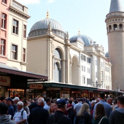 İstanbul sokakları, kalabalık pazarlar ve tarihi binalar.