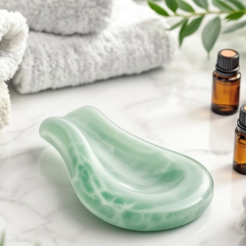 Gua Sha aracı ve rahatlatıcı ortam.