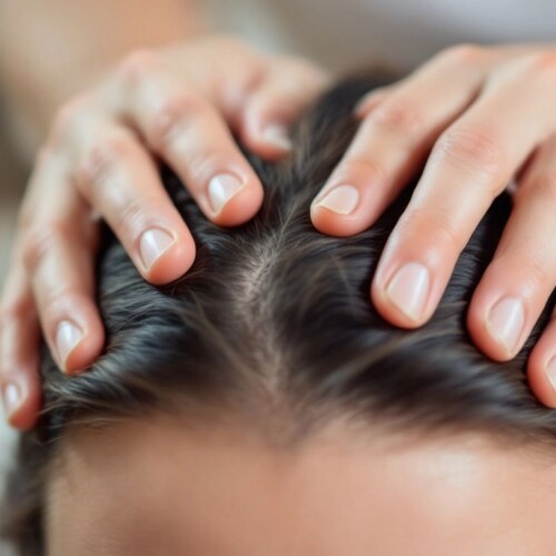 Saç derisi masajı yapan ellerin yakın çekimi.