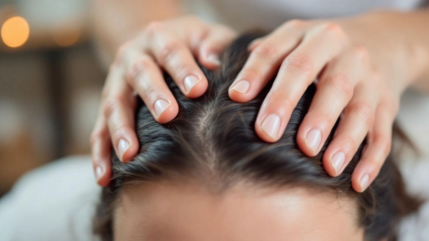 Saç Büyümesi İçin Saç Derisi Masajı - 2024 Rehberi Saç derisi masajı yapan ellerin yakın çekimi.