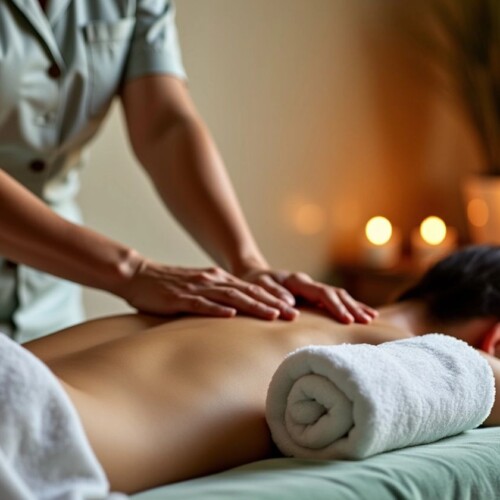 Masaj yapan terapist ve rahatlayan müşteri.