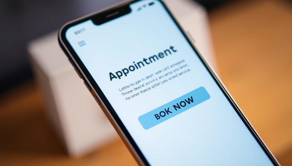 A bright, modern smartphone screen displaying a sleek online appointment booking interface. The screen showcases a clean, minimalist design with bold typography, intuitive navigation, and a calming color palette of blues and grays. In the foreground, a clear "Book Now" button stands out, inviting the user to effortlessly schedule their desired service. The background blurs softly, placing the focus on the seamless digital experience. Subtle lighting casts a soft glow, creating a sense of technological sophistication and user-friendly efficiency. The overall scene conveys the ease and convenience of managing one's appointments through a thoughtfully designed digital platform. A bright, modern smartphone screen displaying a sleek online appointment booking interface. The screen showcases a clean, minimalist design with bold typography, intuitive navigation, and a calming color palette of blues and grays. In the foreground, a clear "Book Now" button stands out, inviting the user to effortlessly schedule their desired service. The background blurs softly, placing the focus on the seamless digital experience. Subtle lighting casts a soft glow, creating a sense of technological sophistication and user-friendly efficiency. The overall scene conveys the ease and convenience of managing one's appointments through a thoughtfully designed digital platform.