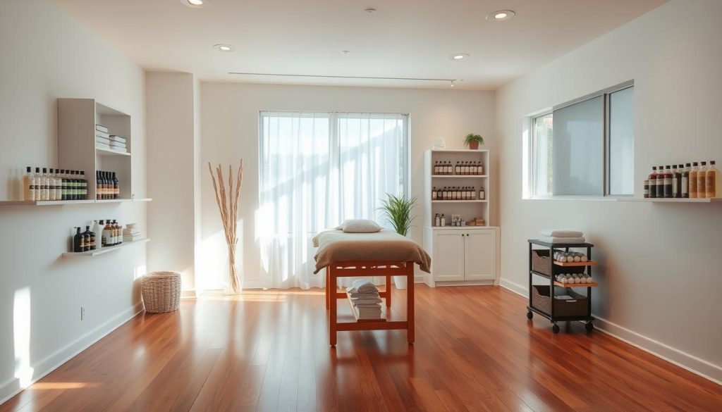 A bright, well-lit massage therapy room with pristine white walls and gleaming hardwood floors. A plush massage table stands in the center, surrounded by neatly arranged equipment and supplies. Gentle natural light filters in through large windows, creating a warm, soothing ambiance. Shelves along the walls display an array of high-quality massage oils and lotions. The atmosphere exudes a sense of tranquility and professionalism, inviting the viewer to experience the expertise and care of the skilled therapists within.