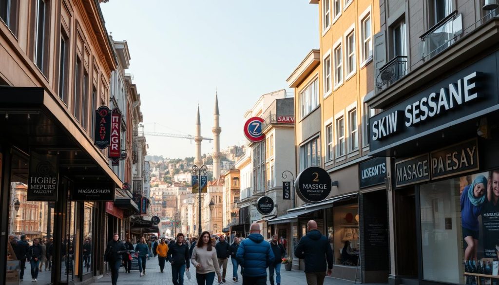 A bustling street in the heart of İstanbul, where the vibrant massage industry thrives. Elegant, modern massage parlors line the sidewalks, their inviting facades reflecting the city's growing interest in wellness and self-care. In the foreground, passersby stroll casually, taking in the sights and sounds of this burgeoning sector. The middle ground showcases the diverse range of massage services on offer, from traditional Turkish techniques to the latest innovations. In the background, the iconic landmarks of İstanbul's skyline create a picturesque backdrop, hinting at the city's rich cultural heritage. Warm, natural lighting casts a welcoming glow, capturing the energy and optimism of this evolving industry.