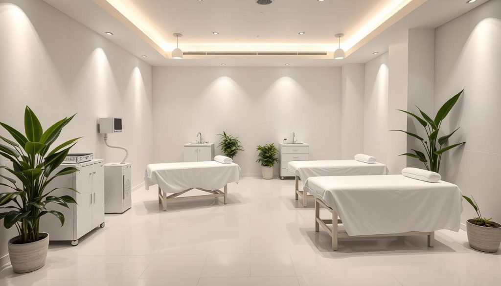 A clean, well-lit massage parlor with soothing, minimalist decor. Pristine white tiles on the floor and walls, gleaming treatment tables draped in crisp, white linens. Soft, indirect lighting creates a calming, spa-like ambiance. Discreet, modern sterilization equipment is neatly arranged, conveying a sense of meticulous hygiene. Lush, green potted plants add a touch of natural serenity. The atmosphere exudes professionalism, comfort and unwavering commitment to cleanliness.