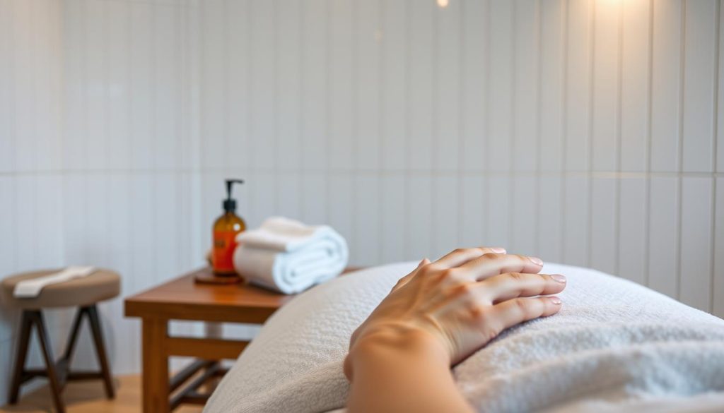 A clean, white-tiled massage studio with soft, indirect lighting. On a wooden table, pristine white towels and a bottle of fragrant massage oil. In the foreground, a pair of professional massage therapist's hands, gloved and ready to provide a relaxing, therapeutic experience. The background features a minimalist, soothing color palette, conveying a sense of calm and tranquility. The overall atmosphere evokes a sanctuary of wellness, where hygiene and expertise come together to ensure a rejuvenating and safe massage session.