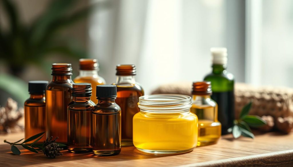 A close-up still life showcasing an arrangement of various natural massage oils on a wooden surface. The oils are presented in small glass bottles or jars, each with a distinct color and texture, ranging from deep amber to vibrant green. The lighting is soft and diffused, creating a warm, inviting atmosphere that highlights the natural beauty and tactile qualities of the products. The background is subtly blurred, allowing the massage oils to take center stage and emphasize their role in the practice of massage and self-care. The overall composition conveys a sense of tranquility, wellness, and the restorative properties of these natural ingredients. A close-up still life showcasing an arrangement of various natural massage oils on a wooden surface. The oils are presented in small glass bottles or jars, each with a distinct color and texture, ranging from deep amber to vibrant green. The lighting is soft and diffused, creating a warm, inviting atmosphere that highlights the natural beauty and tactile qualities of the products. The background is subtly blurred, allowing the massage oils to take center stage and emphasize their role in the practice of massage and self-care. The overall composition conveys a sense of tranquility, wellness, and the restorative properties of these natural ingredients.