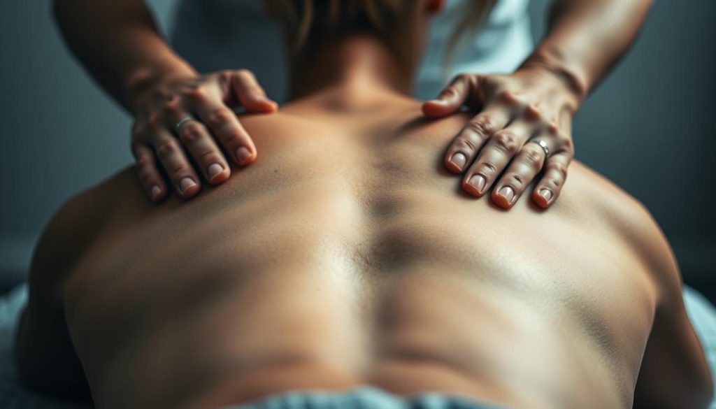 A close-up view of a person's back, showcasing various massage techniques being applied. The foreground features the skilled hands of a massage therapist, utilizing different massage tools and techniques such as kneading, stroking, and tapping. The middle ground depicts the relaxed muscles of the client, with a soothing, dimly lit environment. The background is hazy, conveying a sense of tranquility and focus. The lighting is soft and diffused, creating a calming, therapeutic atmosphere. The scene captures the essence of medical massage, highlighting the precision and care taken by the practitioner. A close-up view of a person's back, showcasing various massage techniques being applied. The foreground features the skilled hands of a massage therapist, utilizing different massage tools and techniques such as kneading, stroking, and tapping. The middle ground depicts the relaxed muscles of the client, with a soothing, dimly lit environment. The background is hazy, conveying a sense of tranquility and focus. The lighting is soft and diffused, creating a calming, therapeutic atmosphere. The scene captures the essence of medical massage, highlighting the precision and care taken by the practitioner.