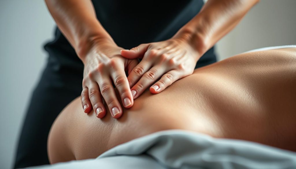 A close-up view of a physiotherapist's hands skillfully performing a therapeutic massage on a patient's shoulder, showcasing the techniques and expertise of modern massage therapy. The lighting is soft and diffused, creating a calming, relaxing atmosphere. The composition emphasizes the flow and fluidity of the massage, with the therapist's hands and the patient's body working in harmony. The scene is set against a clean, minimalist background, allowing the focus to remain on the massage itself, highlighting its role as a key component of modern medical practice.