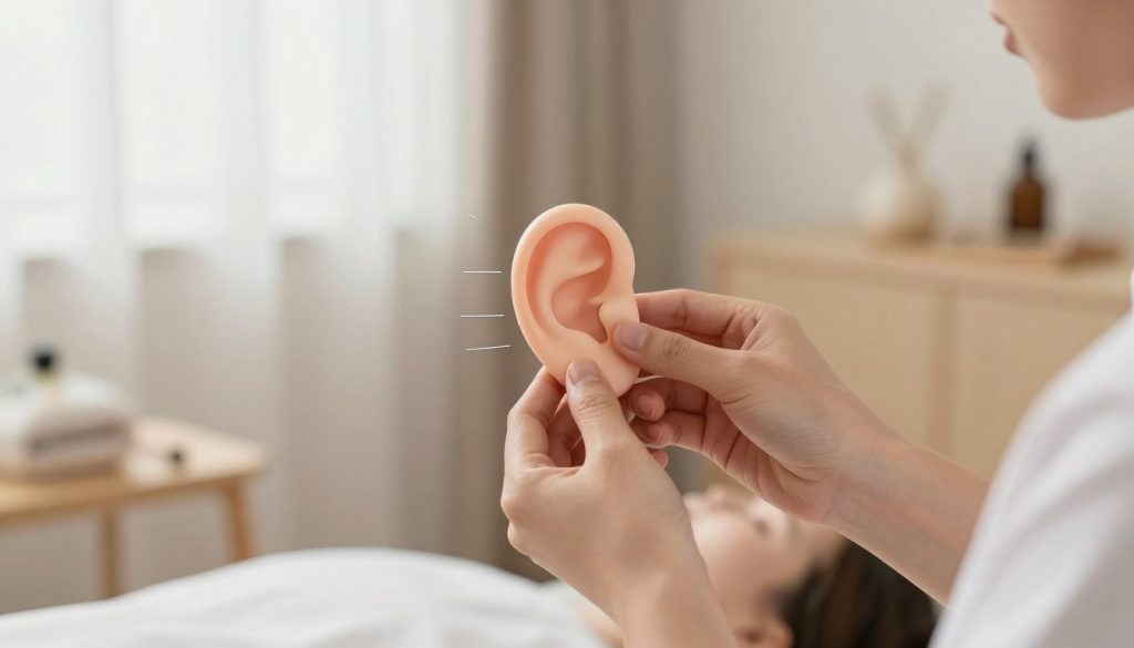 A close-up view of a professional setting highlighting ear massage techniques for alleviating ear pain. In the foreground, showcase a pair of hands gently applying pressure to a simplified diagram of an ear, utilizing soft, anatomical outlines to illustrate points of massage. The middle ground features a calming, minimalist treatment room with soft lighting, evoking a serene atmosphere. Light filters through sheer curtains, casting gentle shadows. In the background, tools associated with massage therapy are subtly positioned, emphasizing a professional and tranquil environment. The overall mood should be soothing and therapeutic, inviting viewers to understand the significance of massage in addressing ear discomfort, while keeping the focus on the technique and setting without any human presence or text. A close-up view of a professional setting highlighting ear massage techniques for alleviating ear pain. In the foreground, showcase a pair of hands gently applying pressure to a simplified diagram of an ear, utilizing soft, anatomical outlines to illustrate points of massage. The middle ground features a calming, minimalist treatment room with soft lighting, evoking a serene atmosphere. Light filters through sheer curtains, casting gentle shadows. In the background, tools associated with massage therapy are subtly positioned, emphasizing a professional and tranquil environment. The overall mood should be soothing and therapeutic, inviting viewers to understand the significance of massage in addressing ear discomfort, while keeping the focus on the technique and setting without any human presence or text.