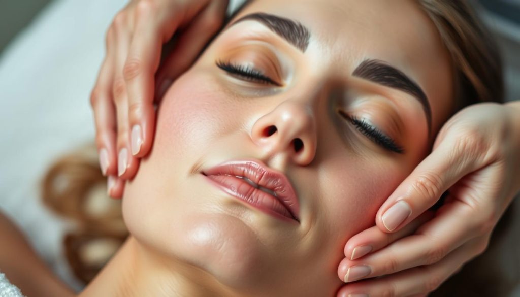 A close-up view of a woman's hands performing a lymphatic drainage massage on her face, using gentle, rhythmic strokes. The skin on her face appears soft and glowing, with a serene expression. The background is blurred, allowing the focus to remain on the massage technique. The lighting is soft and diffused, creating a calming, spa-like atmosphere. The image conveys a sense of relaxation and wellness, showcasing the benefits of this therapeutic massage. A close-up view of a woman's hands performing a lymphatic drainage massage on her face, using gentle, rhythmic strokes. The skin on her face appears soft and glowing, with a serene expression. The background is blurred, allowing the focus to remain on the massage technique. The lighting is soft and diffused, creating a calming, spa-like atmosphere. The image conveys a sense of relaxation and wellness, showcasing the benefits of this therapeutic massage.