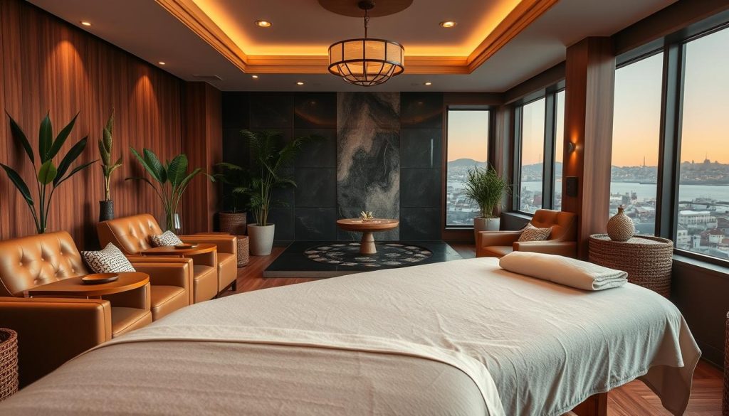 A cozy and elegant massage parlor in the heart of Beşiktaş, Istanbul. The interior features warm lighting, plush leather chairs, and soothing natural elements like potted plants and wooden accents. In the foreground, a tranquil massage table stands ready to provide a rejuvenating experience. The middle ground showcases a calming water feature, while the background depicts a serene city skyline visible through large windows. The overall atmosphere evokes a sense of relaxation and well-being, perfect for a high-quality massage service.