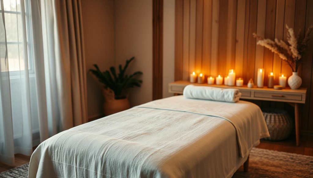 A cozy and intimate home massage setting, with a plush massage table situated in a warm, inviting room. Soft, diffused lighting creates a relaxing ambiance, while natural textures like wooden accents and linen fabrics add a sense of comfort and tranquility. Aromatherapy candles flicker, emitting soothing scents that enhance the relaxation experience. The massage table is adorned with crisp, clean linens, inviting the viewer to imagine the restorative therapy about to unfold. The overall scene exudes a serene, spa-like atmosphere, capturing the essence of an in-home massage session in Sancaktepe. A cozy and intimate home massage setting, with a plush massage table situated in a warm, inviting room. Soft, diffused lighting creates a relaxing ambiance, while natural textures like wooden accents and linen fabrics add a sense of comfort and tranquility. Aromatherapy candles flicker, emitting soothing scents that enhance the relaxation experience. The massage table is adorned with crisp, clean linens, inviting the viewer to imagine the restorative therapy about to unfold. The overall scene exudes a serene, spa-like atmosphere, capturing the essence of an in-home massage session in Sancaktepe.