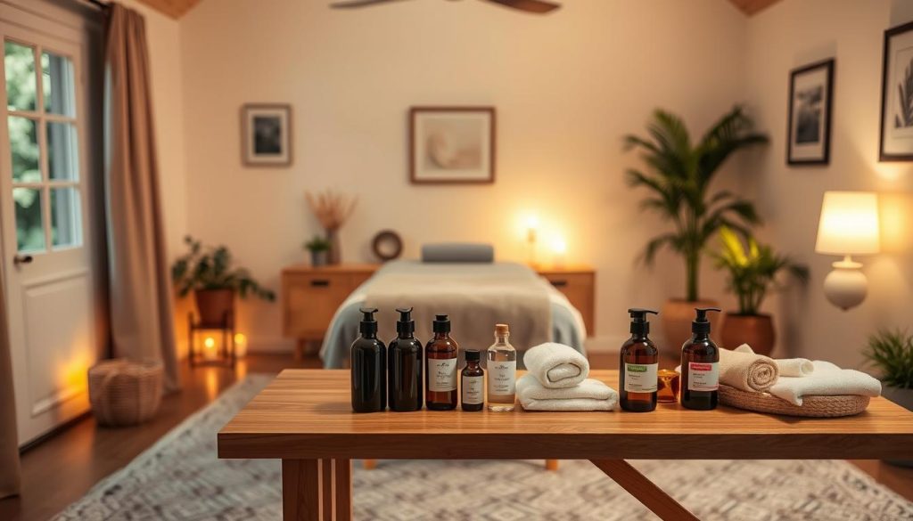 A cozy and inviting home setting, with a plush massage table positioned in the middle of a warm, well-lit room. Soft lighting casts a gentle glow, creating a peaceful and tranquil atmosphere. Neatly arranged on a nearby table, an array of massage tools and accessories, including aromatic oils, soft towels, and soothing lotions, all ready to be used in a rejuvenating self-care ritual. The room is adorned with natural elements, such as potted plants and subtle wall art, adding to the overall serene and relaxing ambiance. A cozy and inviting home setting, with a plush massage table positioned in the middle of a warm, well-lit room. Soft lighting casts a gentle glow, creating a peaceful and tranquil atmosphere. Neatly arranged on a nearby table, an array of massage tools and accessories, including aromatic oils, soft towels, and soothing lotions, all ready to be used in a rejuvenating self-care ritual. The room is adorned with natural elements, such as potted plants and subtle wall art, adding to the overall serene and relaxing ambiance.