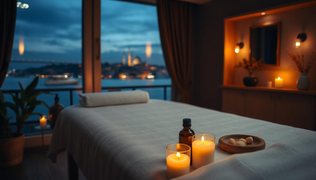 A cozy and inviting massage studio setting, dimly lit with soft, warm lighting. On a wooden massage table, plush white linens and a serene array of massage oils and aromatherapy candles. In the background, a view of the Bosphorus with the iconic Istanbul skyline in the distance. The atmosphere exudes a sense of tranquility and relaxation, perfectly capturing the indulgent yet affordable student massage experience.