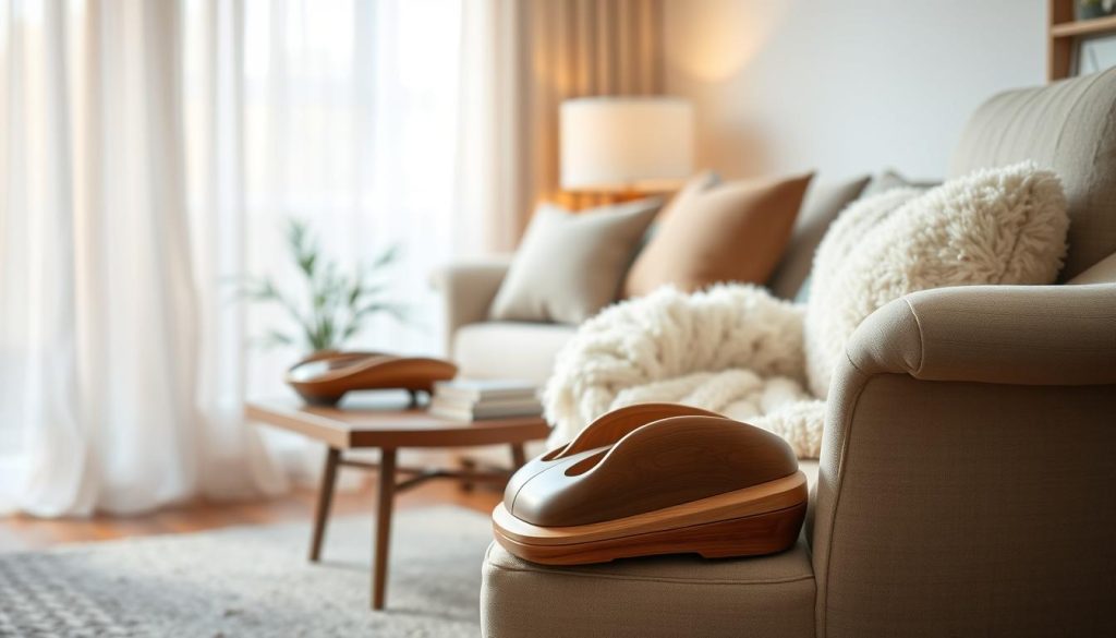 A cozy and relaxing home scene with a plush, overstuffed armchair positioned in the foreground. Soft, diffused lighting filters through sheer curtains, creating a warm, inviting atmosphere. The chair is adorned with a fluffy blanket and a couple of plush pillows, inviting the viewer to sink in and unwind. In the middle ground, a sturdy, wooden foot massage device rests on a low table, its smooth, ergonomic design hinting at the soothing experience it provides. The background is gently blurred, suggesting a tranquil, uncluttered living space, free from distractions, where the focus is solely on self-care and relaxation. A cozy and relaxing home scene with a plush, overstuffed armchair positioned in the foreground. Soft, diffused lighting filters through sheer curtains, creating a warm, inviting atmosphere. The chair is adorned with a fluffy blanket and a couple of plush pillows, inviting the viewer to sink in and unwind. In the middle ground, a sturdy, wooden foot massage device rests on a low table, its smooth, ergonomic design hinting at the soothing experience it provides. The background is gently blurred, suggesting a tranquil, uncluttered living space, free from distractions, where the focus is solely on self-care and relaxation.