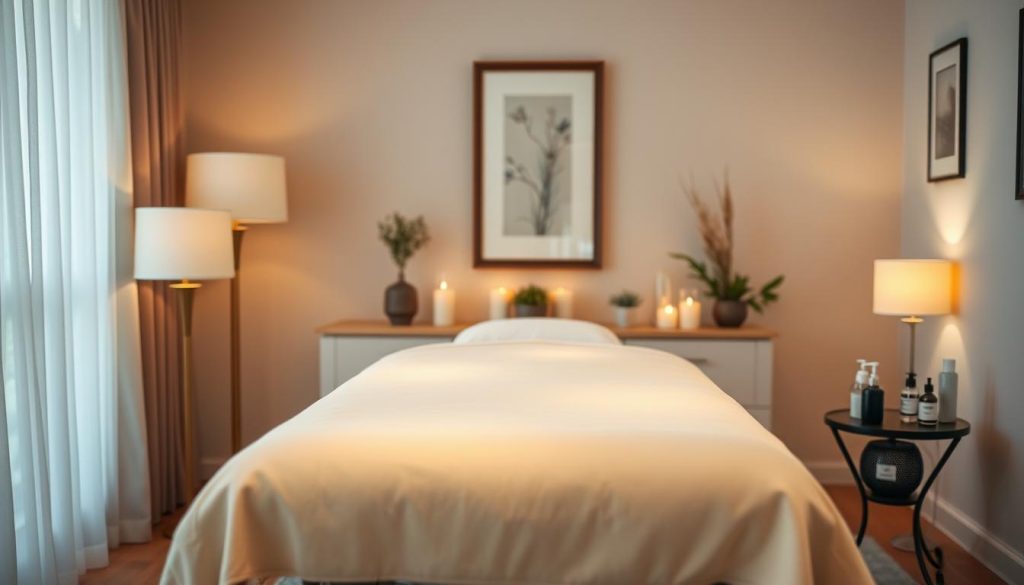 A cozy and serene home interior, with a massage table positioned in the center of the frame. Soft lighting from lamps and candles creates a warm and relaxing atmosphere. The background features a neutral-toned wall, with a few carefully placed decorative elements, such as a framed artwork or a potted plant, adding a touch of elegance. The massage table is covered in a plush, ivory-colored sheet, and an array of massage oils and lotions are neatly arranged on a small side table. The overall scene conveys a sense of tranquility and a luxurious at-home spa experience.