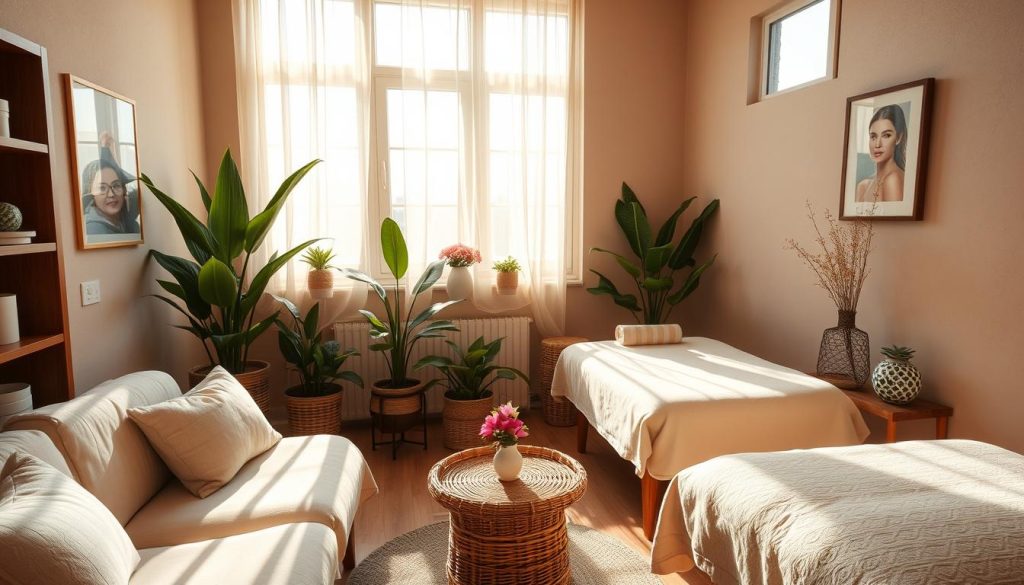 A cozy and serene massage parlor nestled in the tranquil neighborhood of Yeşilköy, Istanbul. The interior exudes a calming atmosphere with soft lighting, plush furnishings, and soothing earth-toned decor. Lush potted plants and subtle floral accents add a touch of natural elegance. Sunlight filters through large windows, casting a warm, inviting glow throughout the space. The scene evokes a sense of relaxation and rejuvenation, perfectly suited for the specialized women's massage services offered within.