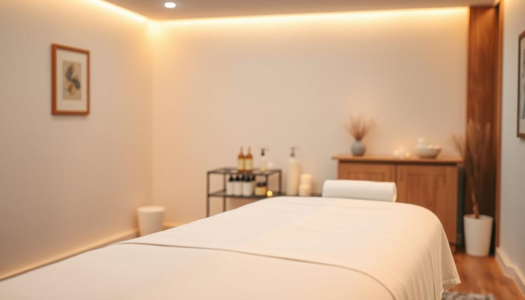 A cozy and serene massage therapy studio, illuminated by warm, diffused lighting. The room features clean, minimalist decor with natural wood accents, creating a calming ambiance. In the foreground, a massage table covered in crisp, white linens stands ready for the therapist's skilled hands. In the middle ground, various massage oils, lotions, and soothing scented candles are neatly arranged on a side table, hinting at the tranquil experience to come. The background is softly blurred, focusing the viewer's attention on the inviting, professional massage setting. A cozy and serene massage therapy studio, illuminated by warm, diffused lighting. The room features clean, minimalist decor with natural wood accents, creating a calming ambiance. In the foreground, a massage table covered in crisp, white linens stands ready for the therapist's skilled hands. In the middle ground, various massage oils, lotions, and soothing scented candles are neatly arranged on a side table, hinting at the tranquil experience to come. The background is softly blurred, focusing the viewer's attention on the inviting, professional massage setting.