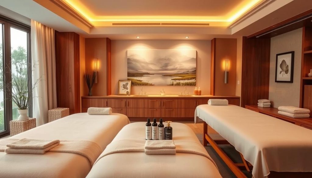 A cozy and serene spa interior with plush massage tables, soothing lighting, and tranquil decor. The room features warm wooden accents, soft fabrics, and gentle textures that create a relaxing ambiance. The middle ground showcases a well-appointed massage station, with high-quality massage oils and tools neatly arranged. In the background, a calming landscape painting or a nature-inspired mural provides a calming visual focal point. The overall scene conveys a sense of rejuvenation and well-being, inviting the viewer to imagine a soothing and rejuvenating massage experience. A cozy and serene spa interior with plush massage tables, soothing lighting, and tranquil decor. The room features warm wooden accents, soft fabrics, and gentle textures that create a relaxing ambiance. The middle ground showcases a well-appointed massage station, with high-quality massage oils and tools neatly arranged. In the background, a calming landscape painting or a nature-inspired mural provides a calming visual focal point. The overall scene conveys a sense of rejuvenation and well-being, inviting the viewer to imagine a soothing and rejuvenating massage experience.