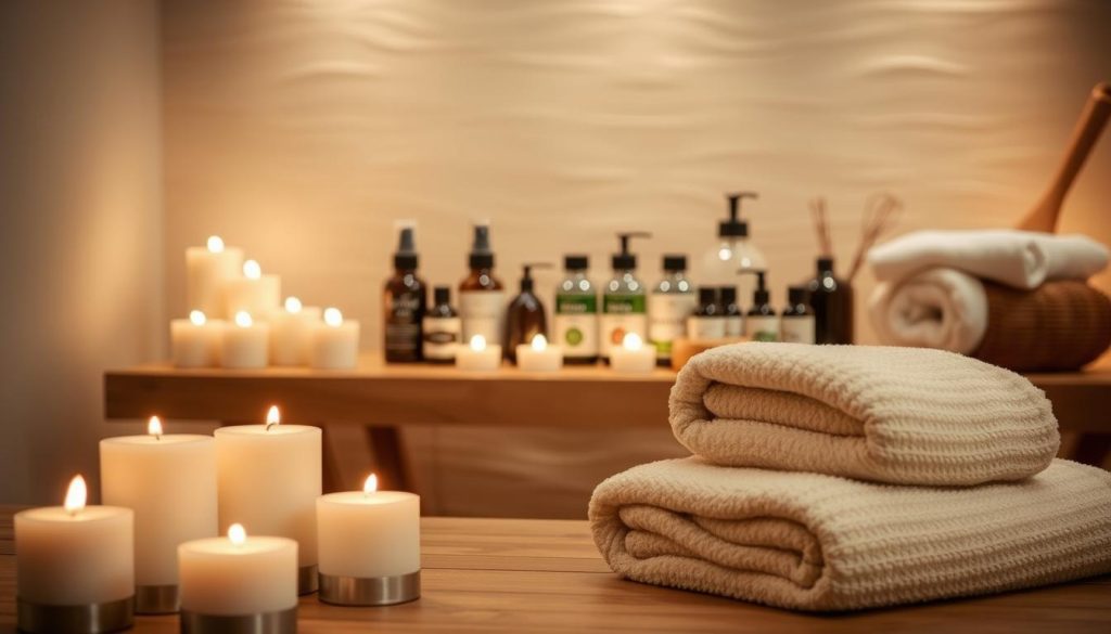 A cozy and serene spa-like setting, with soft lighting and a tranquil atmosphere. In the foreground, a collection of fragrant candles and a stack of plush towels. In the middle ground, an array of spa products, including essential oils and massage tools, arranged neatly on a wooden table. The background features a soothing, textured wall, creating a sense of warmth and relaxation. The overall composition evokes a peaceful and rejuvenating experience, conveying the essence of the "Ümraniye Masöz Hizmetleri: Profesyonel Ellerle Stres ve Yorgunluğa Veda" service.