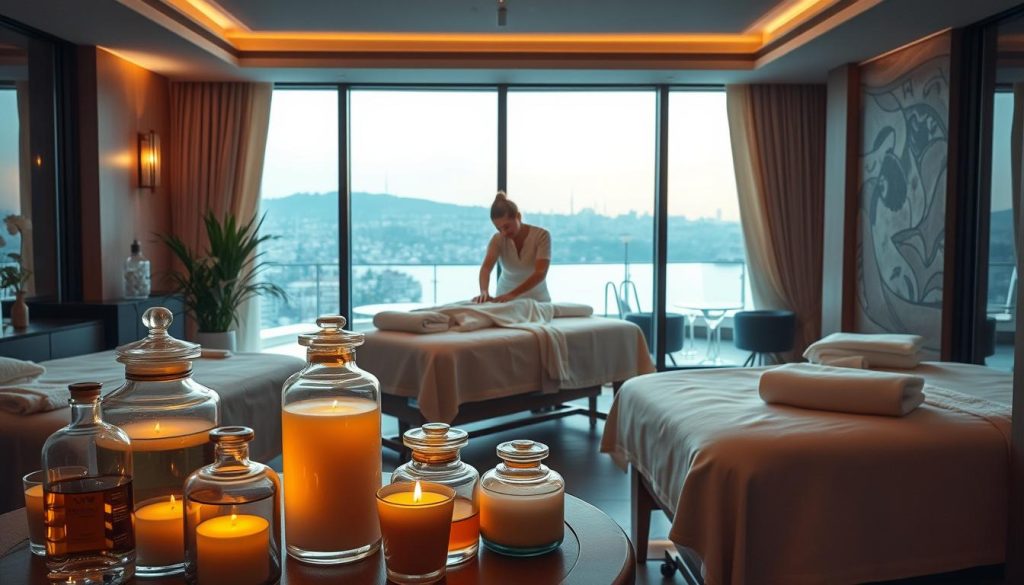 A cozy and serene spa setting in the heart of Istanbul, featuring an array of popular massage modalities. Plush massage tables draped in soft fabrics, infused with the calming aroma of essential oils. Soothing ambient lighting casts a warm glow, while floor-to-ceiling windows offer a picturesque view of the city skyline. In the foreground, elegant glass jars display an assortment of massage oils and lotions. In the middle ground, a skilled masseuse performs a flowing Swedish massage technique, their skilled hands kneading away tension. In the background, a tranquil water feature cascades, its gentle sounds promoting a sense of relaxation. The overall scene evokes a restorative and rejuvenating atmosphere, perfectly capturing the essence of Istanbul's premier boutique massage experiences.