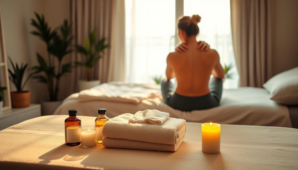 A cozy bedroom scene with a massage therapist's table in the foreground, bathed in warm, diffused lighting. On the table, an assortment of massage oils, aromatherapy candles, and a plush towel. In the middle ground, a person sits on the edge of the bed, performing a self-massage technique on their neck and shoulders. The background depicts a tranquil, minimalist decor with potted plants, soft textures, and a serene window view. The overall atmosphere conveys a sense of relaxation, self-care, and the ability to recreate professional-level techniques in the comfort of one's own home.