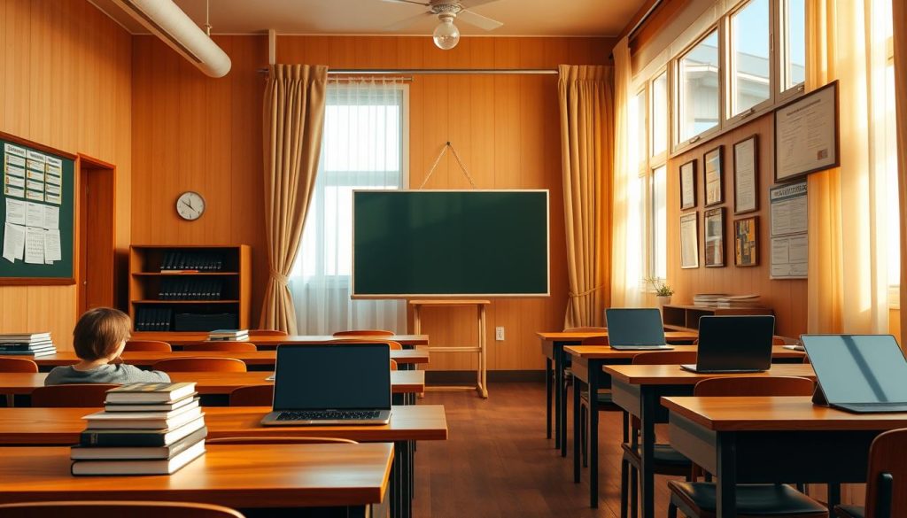 A cozy classroom setting, warm lighting casting a golden glow. Rows of wooden desks, each topped with a stack of books and a sleek laptop. A chalkboard at the front, crisp and clean, inviting the viewer to imagine an engaging lesson. Soft curtains frame large windows, allowing natural light to filter in, creating a serene and focused atmosphere. The walls are adorned with educational charts and diplomas, exuding a sense of professionalism and expertise. The overall scene conveys a space dedicated to learning, growth, and the pursuit of knowledge. A cozy classroom setting, warm lighting casting a golden glow. Rows of wooden desks, each topped with a stack of books and a sleek laptop. A chalkboard at the front, crisp and clean, inviting the viewer to imagine an engaging lesson. Soft curtains frame large windows, allowing natural light to filter in, creating a serene and focused atmosphere. The walls are adorned with educational charts and diplomas, exuding a sense of professionalism and expertise. The overall scene conveys a space dedicated to learning, growth, and the pursuit of knowledge.