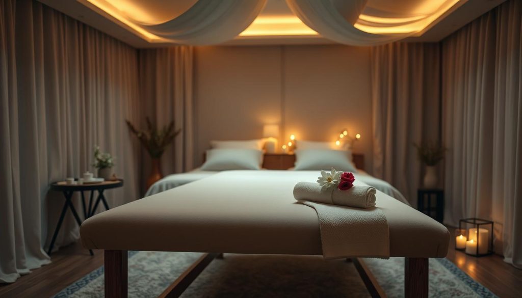 A cozy, dimly lit bedroom scene with luxurious bedding and plush pillows. Soft, warm lighting casts a gentle glow, creating an intimate, relaxing atmosphere. The focal point is a beautifully crafted massage table, its sleek lines and natural wood tones blending seamlessly with the room's decor. Subtle details like fresh flowers, aromatherapy candles, and a folded towel convey a sense of pampering and indulgence. The overall impression is one of tranquility, comfort, and the promise of a restorative, in-home massage experience.