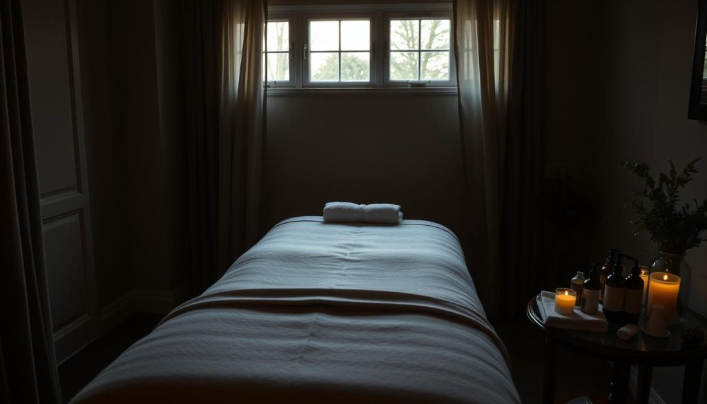 A cozy, dimly lit bedroom setting with a plush, inviting massage table in the center. Soft, ambient lighting filters in through the windows, casting a warm, relaxing glow. Nearby, an assortment of massage oils, lotions, and towels are neatly arranged on a side table, suggesting the preparation for a soothing in-home massage session. The overall atmosphere exudes a sense of tranquility and anticipation, hinting at the restorative experience to come. A cozy, dimly lit bedroom setting with a plush, inviting massage table in the center. Soft, ambient lighting filters in through the windows, casting a warm, relaxing glow. Nearby, an assortment of massage oils, lotions, and towels are neatly arranged on a side table, suggesting the preparation for a soothing in-home massage session. The overall atmosphere exudes a sense of tranquility and anticipation, hinting at the restorative experience to come.