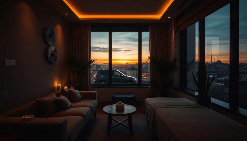 A cozy, dimly lit interior of a boutique massage studio in Beyoğlu, Istanbul. Soft, warm lighting casts a soothing glow, creating an intimate and relaxing atmosphere. Plush, muted furnishings in earthy tones invite guests to unwind, while decorative plants and minimal decor evoke a sense of tranquility. The scene is framed by large windows, offering a glimpse of the bustling city outside as the sun sets, painting the sky in a warm, golden hue. The overall composition exudes a calming, restorative ambiance perfect for an evening of rejuvenation. A cozy, dimly lit interior of a boutique massage studio in Beyoğlu, Istanbul. Soft, warm lighting casts a soothing glow, creating an intimate and relaxing atmosphere. Plush, muted furnishings in earthy tones invite guests to unwind, while decorative plants and minimal decor evoke a sense of tranquility. The scene is framed by large windows, offering a glimpse of the bustling city outside as the sun sets, painting the sky in a warm, golden hue. The overall composition exudes a calming, restorative ambiance perfect for an evening of rejuvenation.
