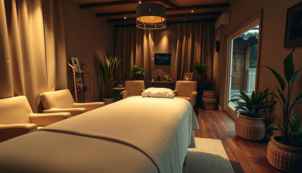 A cozy, dimly-lit massage parlor interior, with plush chairs and soothing lighting. Soft, earthy tones create a relaxing atmosphere. In the foreground, a massage table draped in crisp, clean linens, ready for a therapeutic experience. Potted plants and natural textures like woven baskets add a sense of balance and tranquility. The mid-ground features a simple, uncluttered layout with minimal decor, emphasizing the focus on personalized, affordable massage services. The background showcases a modest exterior, conveying a sense of unpretentious luxury and value-driven offerings, in contrast to high-end spa settings.