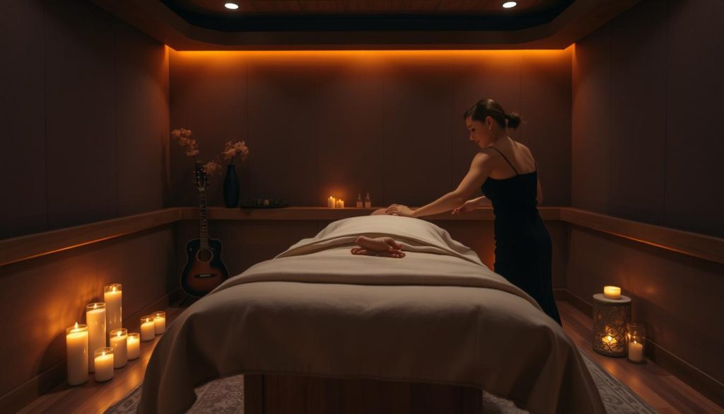 A cozy, dimly lit massage room with plush, earthy-toned furnishings and soothing ambient lighting. A luxurious massage table takes center stage, draped in soft, high-quality linens. Aromatic candles flicker, filling the air with calming fragrances. Subtle background music creates a tranquil atmosphere. Warm, focused lighting illuminates the massage therapist's skilled hands as they glide across the client's back, inducing a deep sense of relaxation. The overall scene exudes an atmosphere of comfort, indulgence, and professional expertise, perfectly capturing the "istanbul uygun fiyatlı masaj" experience.