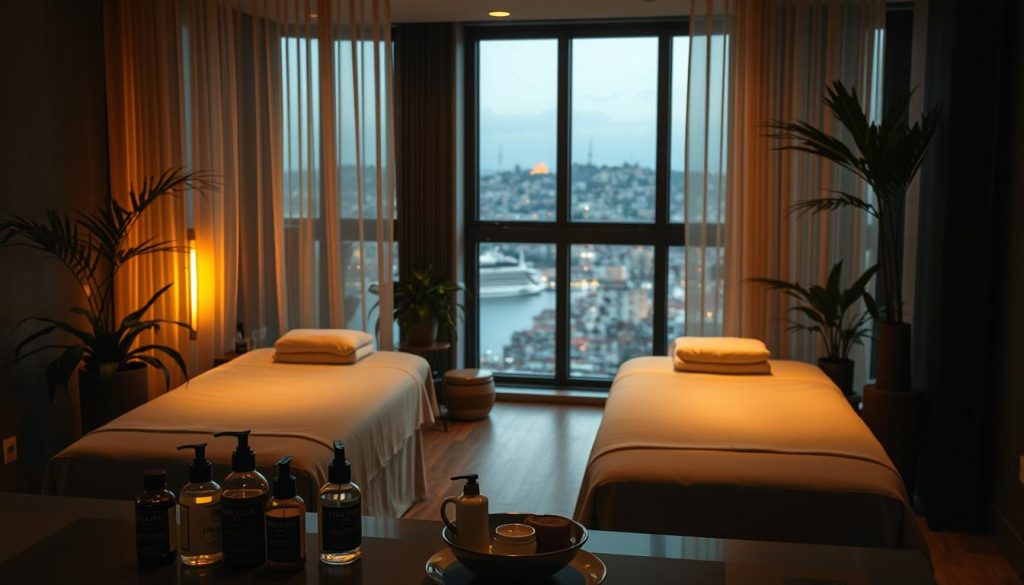 A cozy, dimly lit massage studio nestled in the heart of Istanbul. Soft, warm lighting filters through sheer curtains, casting a golden glow on the plush massage tables. Potted plants and fragrant essential oils create a serene, spa-like atmosphere. In the foreground, a selection of high-quality massage oils and lotions is neatly displayed. The middle ground features a tranquil, elegant reception area with a minimalist design. The background showcases the stunning city skyline visible through large windows, hinting at the vibrant energy of Istanbul beyond the studio's peaceful walls. An oasis of relaxation and rejuvenation in the bustling metropolis.