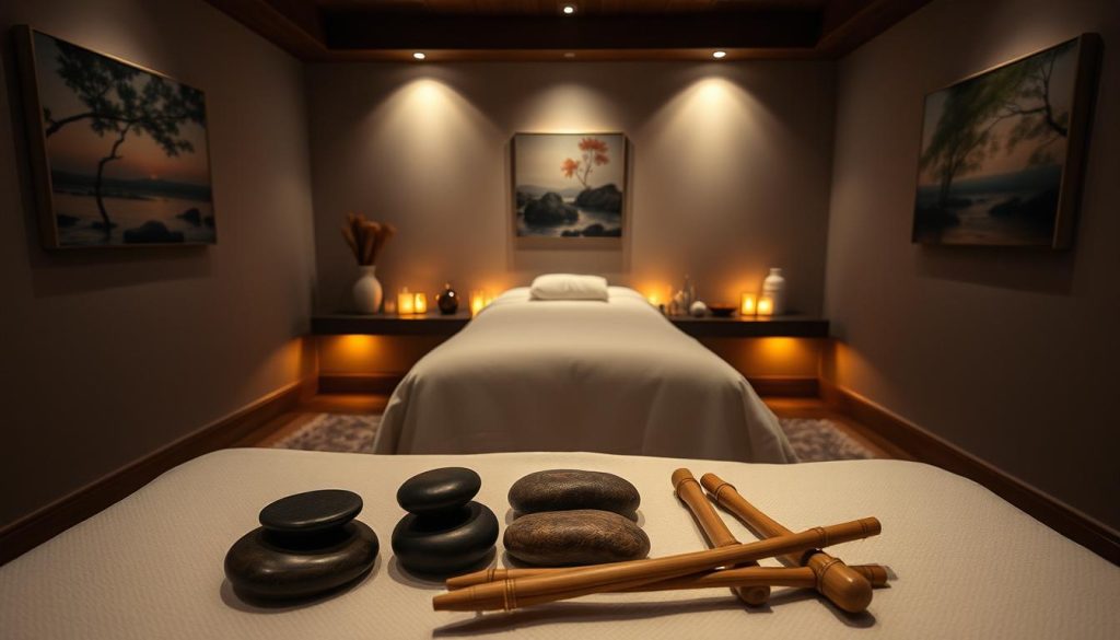 A cozy, dimly-lit massage studio with a soothing ambiance. A massage table is positioned in the center, draped with crisp white linens and accented by plush pillows. The walls are adorned with tranquil nature-inspired artwork, creating a serene atmosphere. Soft lighting emanates from discreet fixtures, casting a warm glow throughout the space. Essential oils diffuse subtle, calming aromas. In the foreground, an array of massage tools, such as smooth river stones, therapeutic oils, and bamboo tools, are neatly arranged, ready to be employed in a precise, targeted massage technique. A cozy, dimly-lit massage studio with a soothing ambiance. A massage table is positioned in the center, draped with crisp white linens and accented by plush pillows. The walls are adorned with tranquil nature-inspired artwork, creating a serene atmosphere. Soft lighting emanates from discreet fixtures, casting a warm glow throughout the space. Essential oils diffuse subtle, calming aromas. In the foreground, an array of massage tools, such as smooth river stones, therapeutic oils, and bamboo tools, are neatly arranged, ready to be employed in a precise, targeted massage technique.