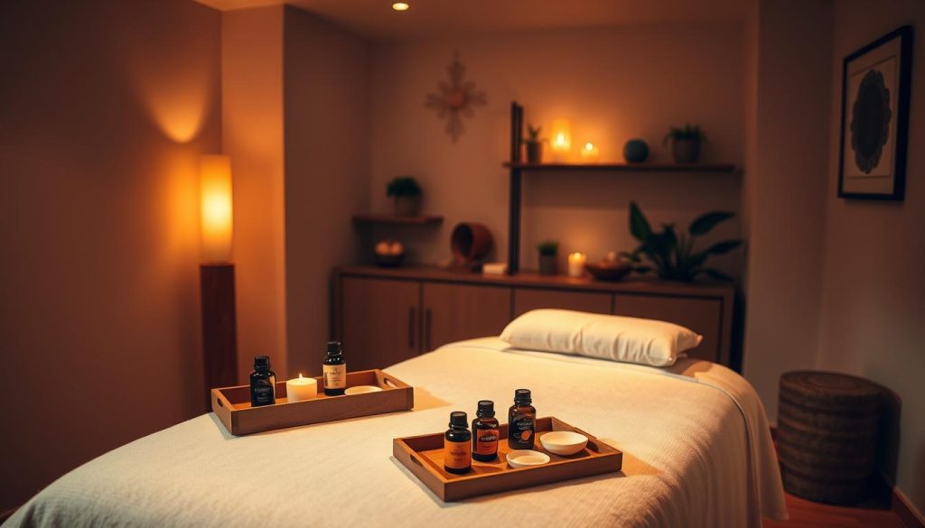 A cozy, dimly lit room with soft lighting and warm, earthy tones. Plush, inviting massage table in the center, adorned with crisp linens and a fluffy pillow. Beside it, a tray with essential oils, candles, and other soothing accoutrements. In the background, a simple yet elegant decor with minimalist shelving, potted plants, and a harmonious color palette that exudes a sense of tranquility. The entire scene conveys a serene, luxurious ambiance, inviting the viewer to indulge in a rejuvenating, personalized massage experience.